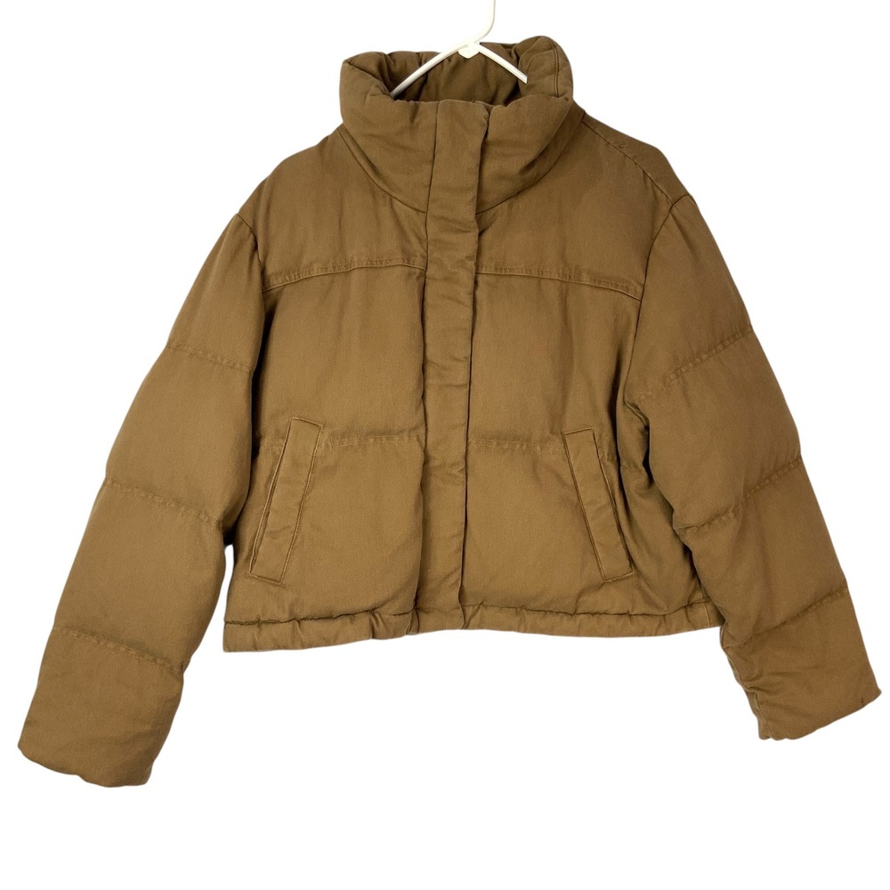 Levi's Brown Cotton Canvas Puffer Jacket L Zip Snap Funnel Neck Cropped Puffer